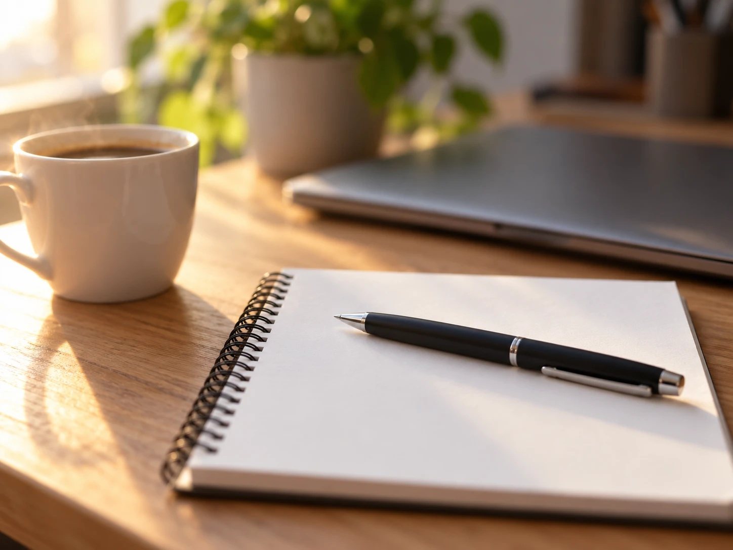 Un carnet ouvert sur une page blanche, un stylo posé dessus et une tasse de café, sur un plan de travail en bois clair.