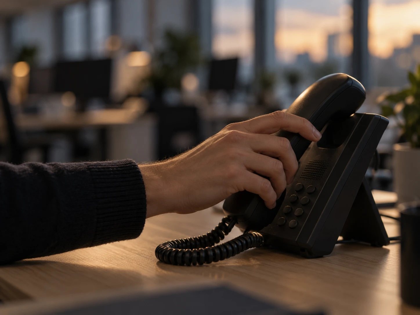 Une main soulève le combiné d’un téléphone fixe de bureau.